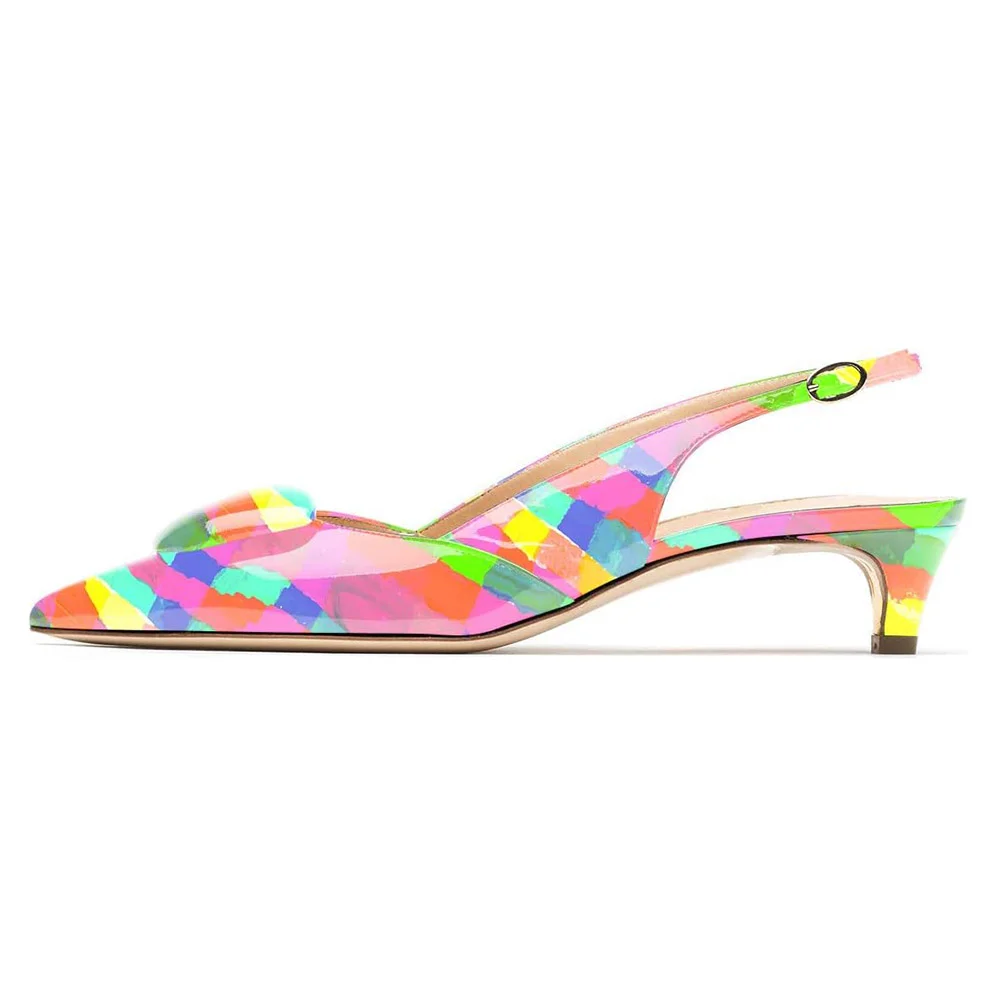 Rainbow Patent Leather Kitten Heel Slingback Shoes with Pointed Toe