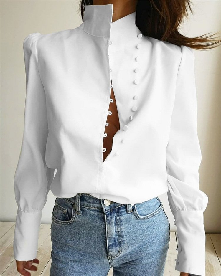 Chic Stand Collar Solid Shirt Top-luchamp:luchamp