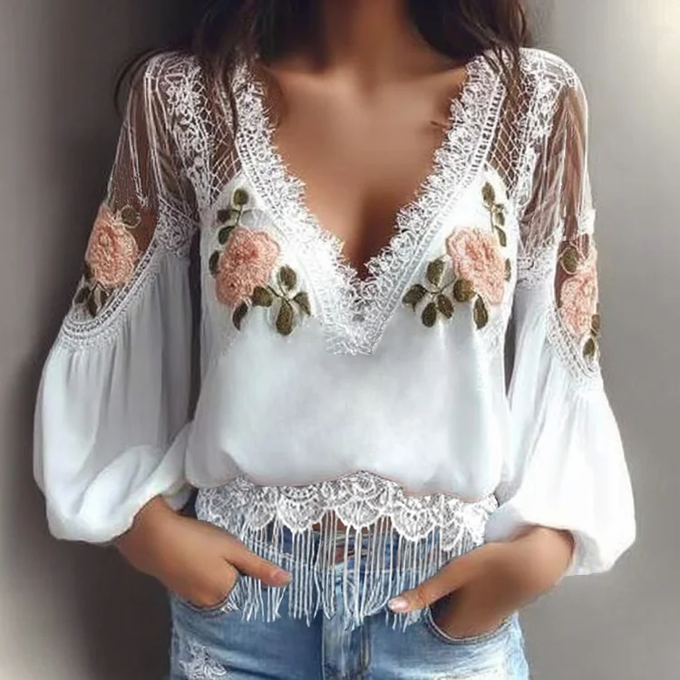 Ursime Lace Floral Pattern V Neck Lantern Sleeve Fringe Blouse
