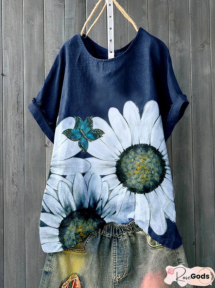 Deep Blue Pastoral Floral Tops