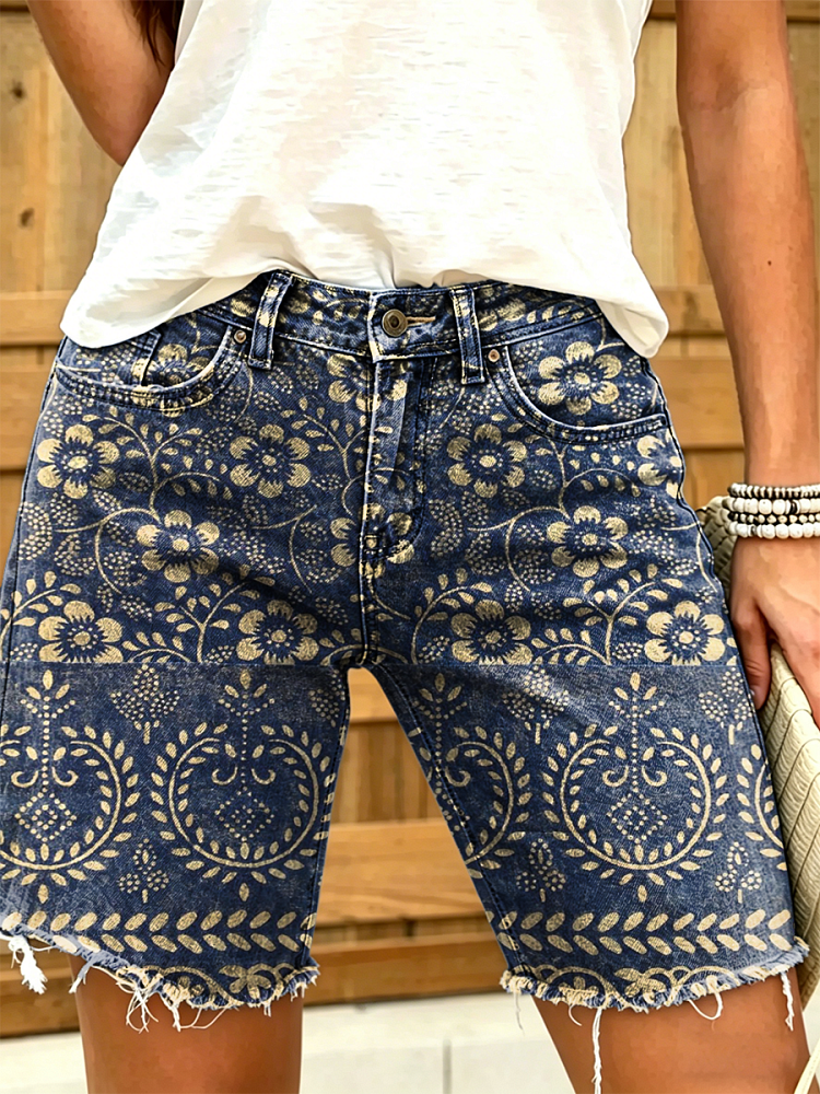 Women's Retro Ethnic Floral Art Print Casual Washed Cotton Denim Shorts