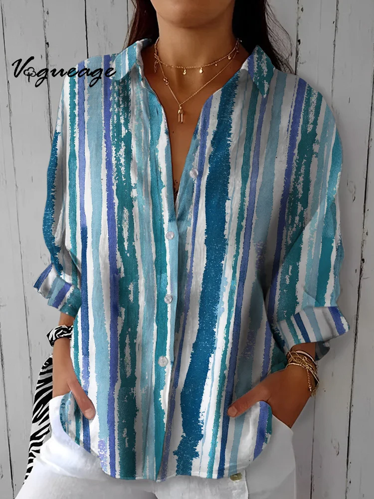 Fashionable And Simple Vertical Stripes Stitching Printed Cotton And Linen Women Shirt