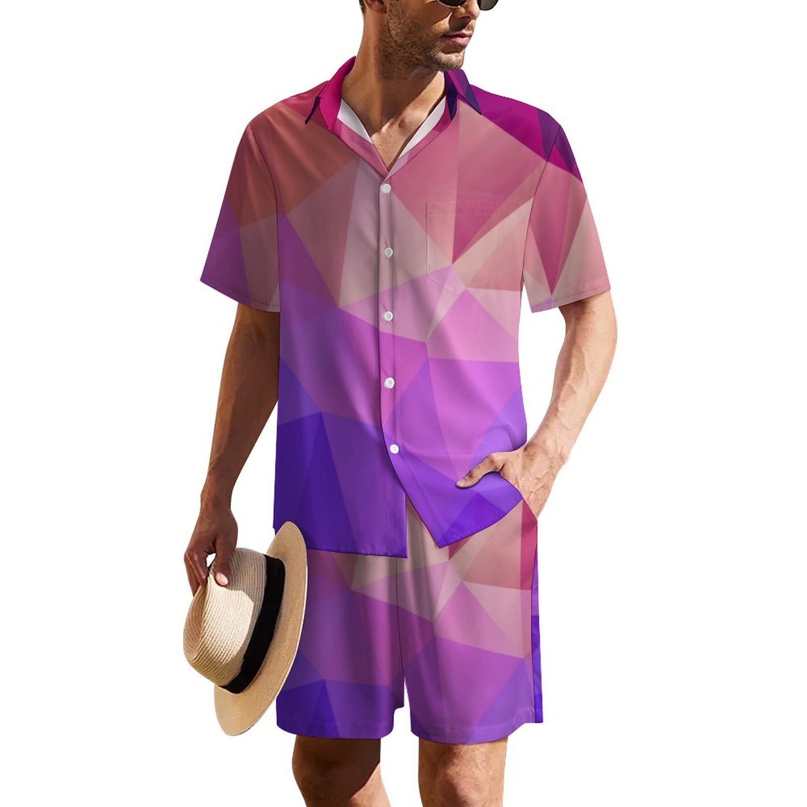 Elegant Modern Purple Violet Geometric Polygons | Men's Summer Hawaiian Matching Set | Men's Down Shirt,Fuzzy 2 Piece Set,Button Down Shirt