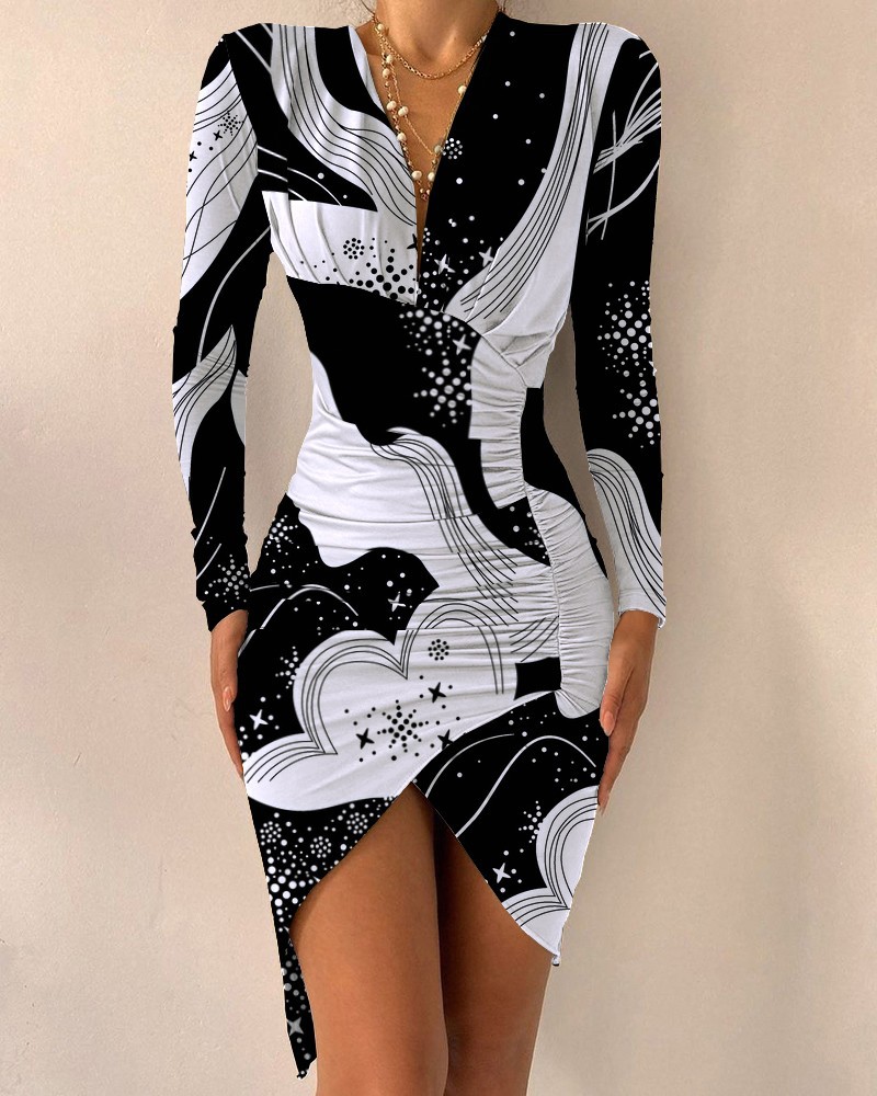 Fall & Winter Mature Women Long Sleeve V-neck Printed Dress