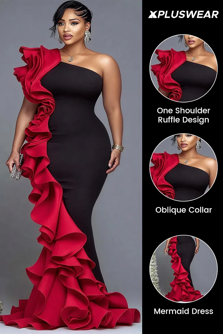 Xpluswear Design Plus Size Formal Red Colorblock One Shoulder Ruffle Elegant Bodycon Maxi Dresses [Pre-Order]