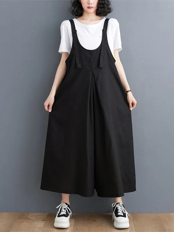Solid Color Buttoned Wide Leg Ninth Pants Spaghetti-Neck Overalls