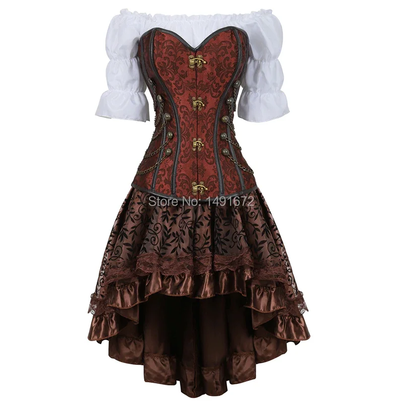 Billionm corset skirt 3 piece leather dress bustiers corset steampunk pirate lingerie corsetto irregular burlesque plus size black brown