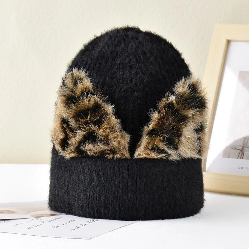 Knitted Hats Leopard Print Cat Ear Stretch Casual Winted Hats