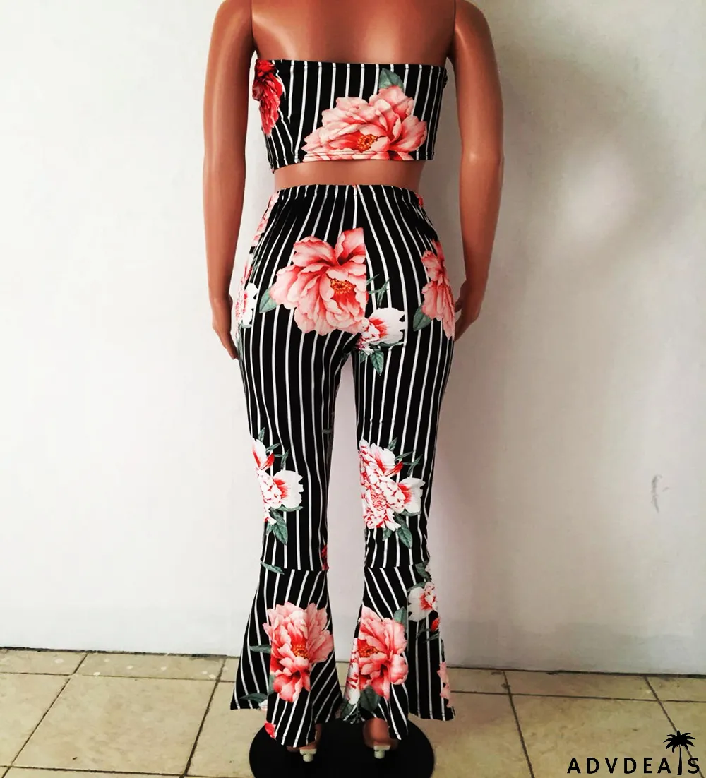 Floral Print Striped Tube Top And Pants 2 Piece Sets