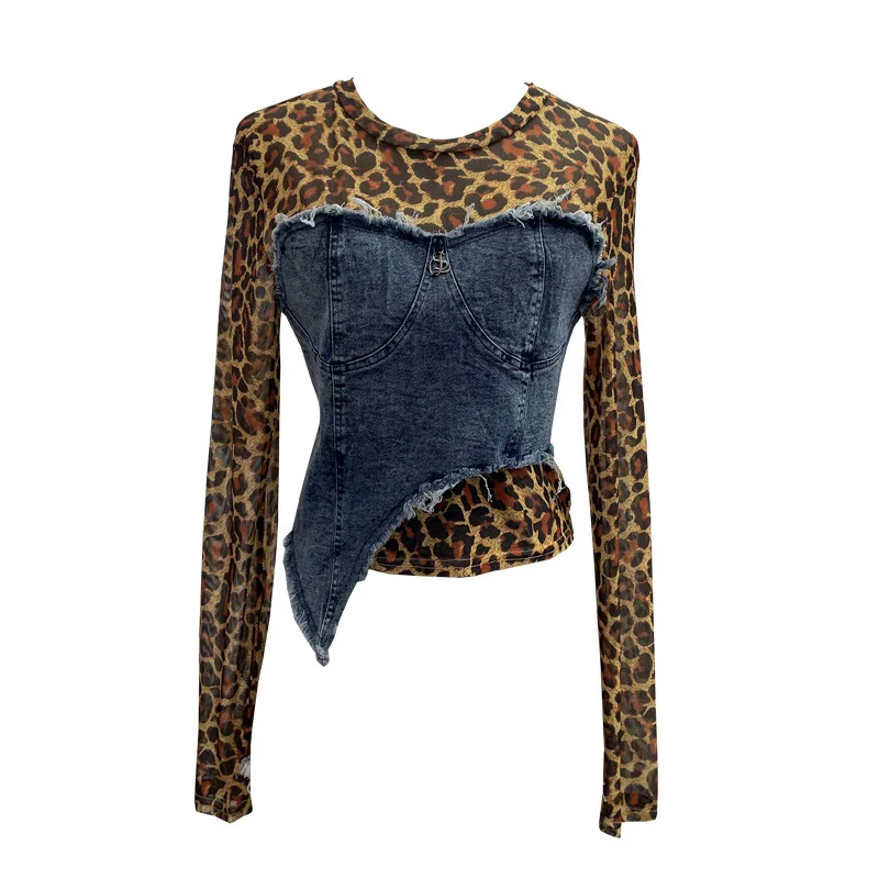 Nigikala Nigikala Shooting Fashion Leopard Tard Tard Babes Mesh Splicing Denim Irregular Bottom Shirt Short Top 2617