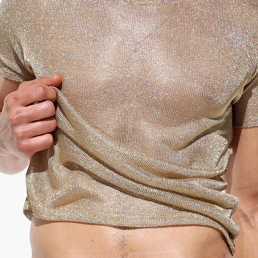 Men's Shiny Striped Loose Short-sleeved Crew Neck Top-inspireuse