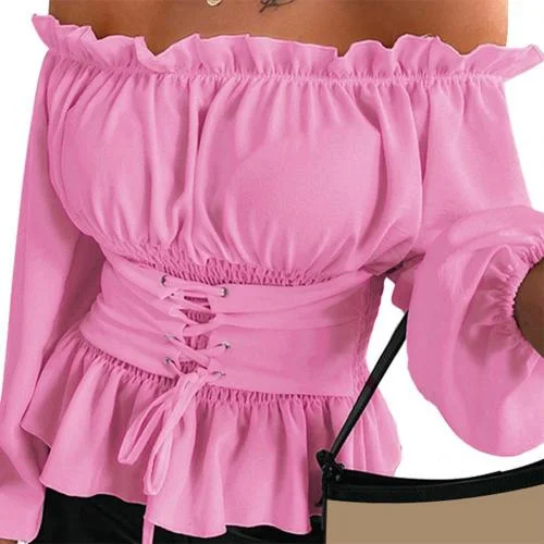 Women Shirt Jacket Coat Autumn Casual Solid Color Long Sleeve Ruffled Hem Off Shoulder Top Blouse