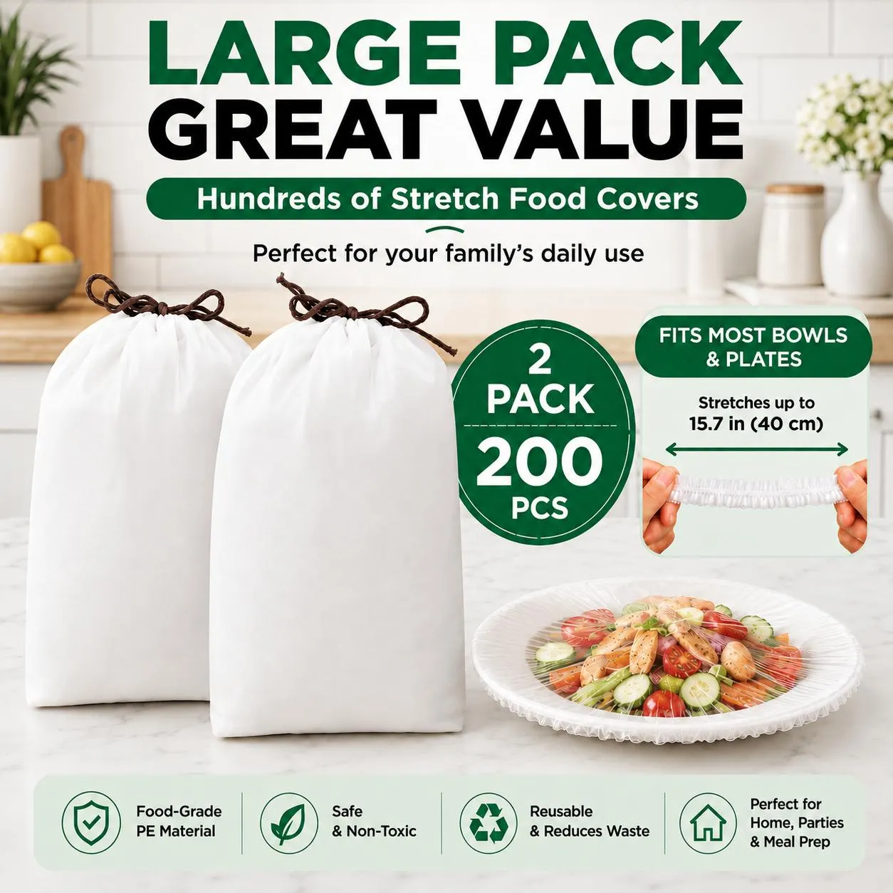 100 disposable elastic food lids, flexible kitchen dish lids, plastic wrap alternatives for food storage and leftover preservation.