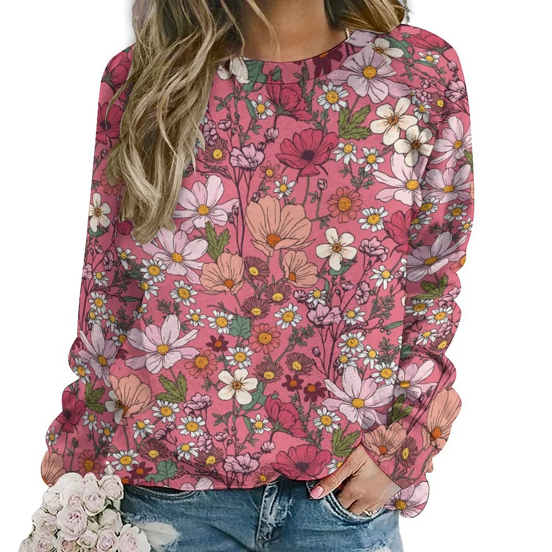 Printed Long Sleeve Casual Sweatshirt for  Women and Men Unisex Pattern Floral, Red, Pink