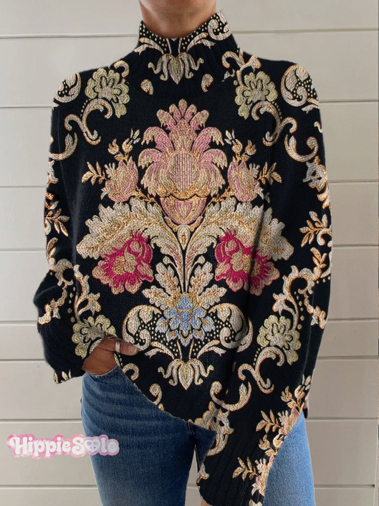 Women’s Vintage Lovely Floral Art Print Knit Turtleneck Pullover Sweater Multicolor / S