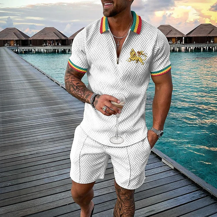 VChics Men's Contrasting Stripes Rasta Lion Polo Shirt And Shorts Co-Ord