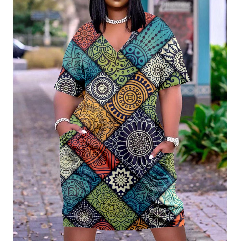3D printed loose plus size v-neck mid-sleeve dress