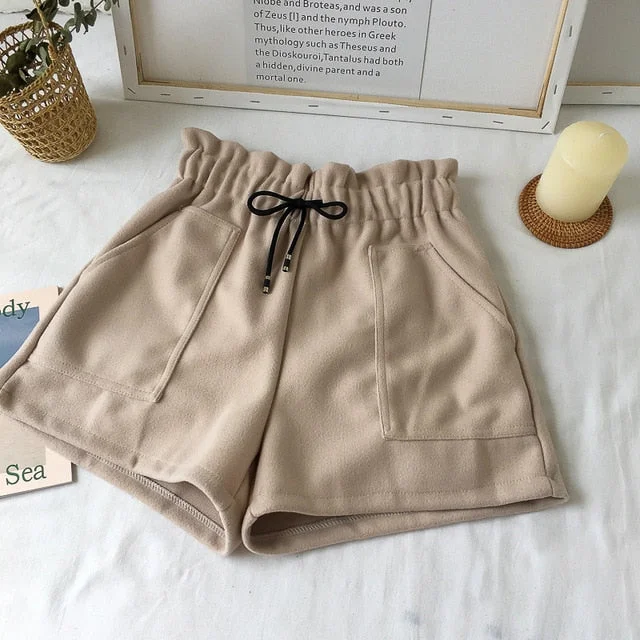 New Women Shorts Autumn and Winter High Waist Shorts Solid Casual Loose Thick Warm Elastic Waist Straight Booty Shorts Pockets