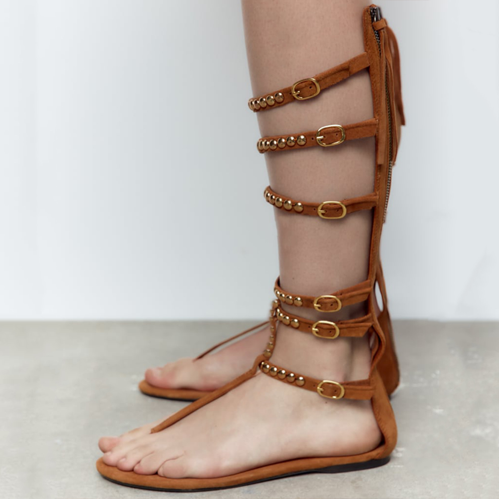 Brown Pointed Toe Strappy Sandals With Rivet Buckles Flats Gladiator Sandals Nicepairs