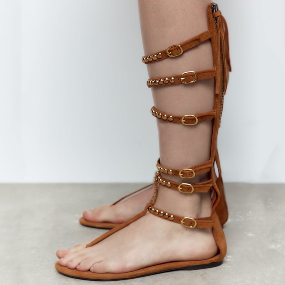 Brown Pointed Toe Strappy Sandals With Rivet Buckles Flats Gladiator Sandals  Nicepairs