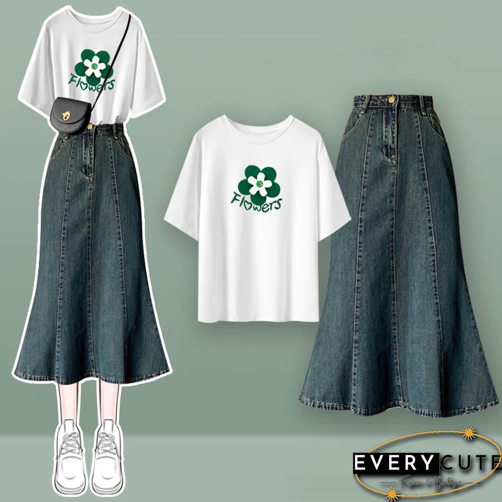Bow Knot Butterfly Tulle Crop Top T-Shirt Fishtail Denim Skirt Two Pieces Set
