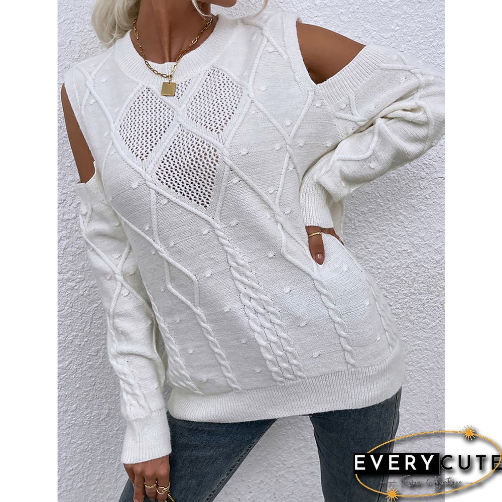White Hollow Out Knitted Cold Shoulder Sweater