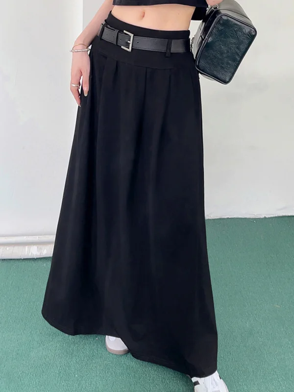 A-Line High Waisted Belted Pleated Solid Color Skirts Bottoms