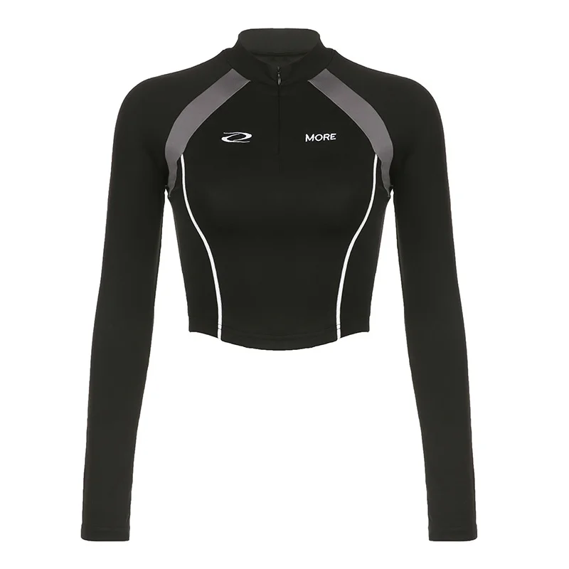 Ueong And Hot Wind Impact Color Zipper Stitching Standing Collar Trimming Tooling Machine Can Long-Sleeved T-Shirt Blouse 2024 Cool Women's Wear