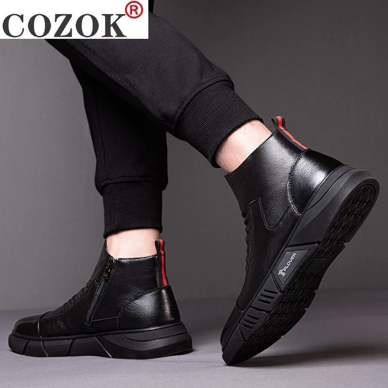 2022 Winter New Boots Male British Style Korean Tooling Trendy Shoes Plus Velvet Warm Cotton Shoes Middle Cut Men's Boots