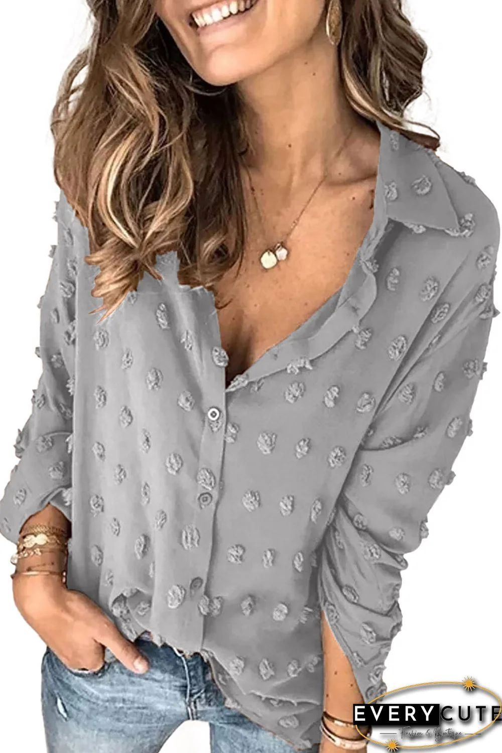 Gray Long Sleeve Button Fuzzy Polka Dot Shirt