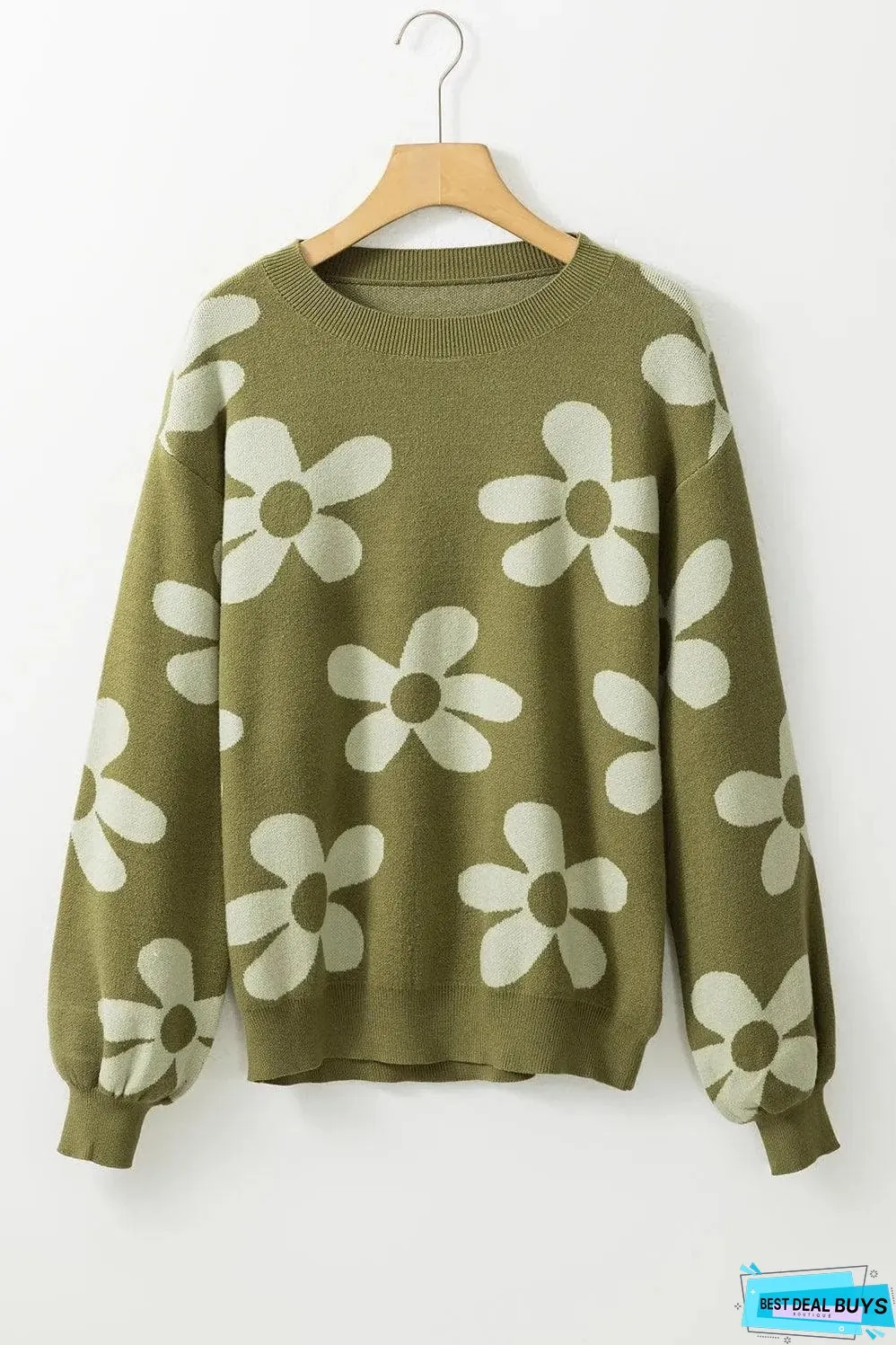 Spinach Green Big Flower Knit Ribbed Trim Sweater