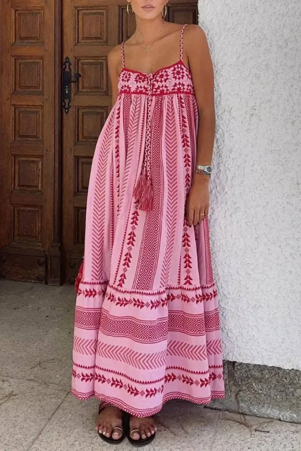 Ethnic Style Crochet Patchwork Knitted Slip Maxi Dress