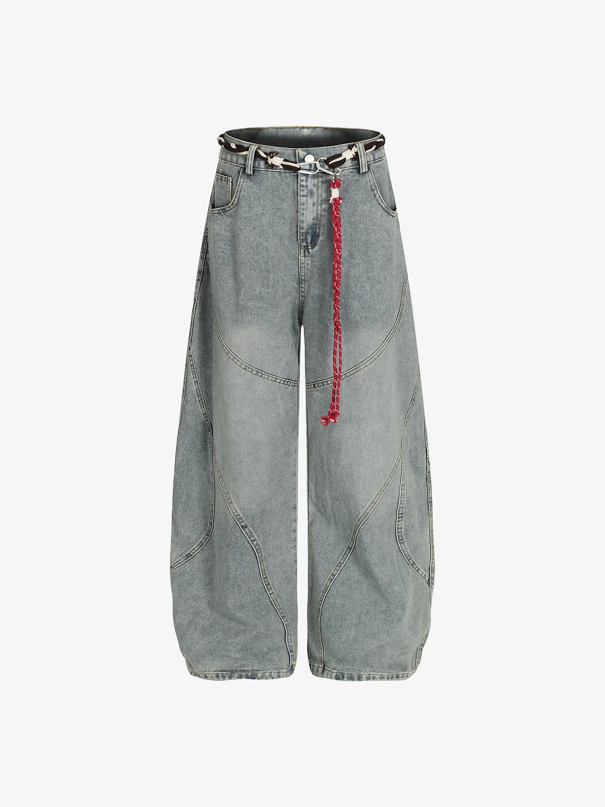Blue Actchic Braided Belt Patchwork Baggy Jeans Front