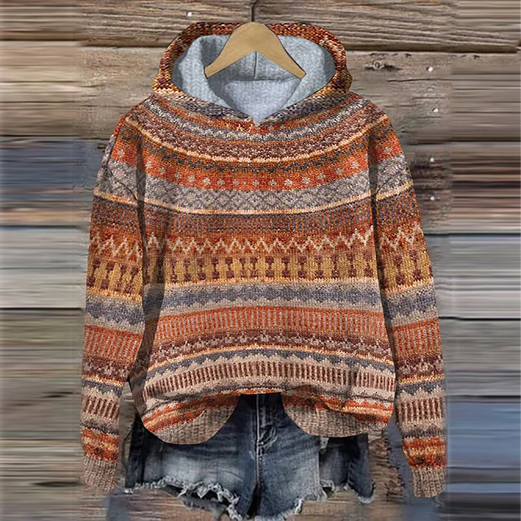 Comstylish Vintage Fairman Island Jacquard Hooded Sweater
