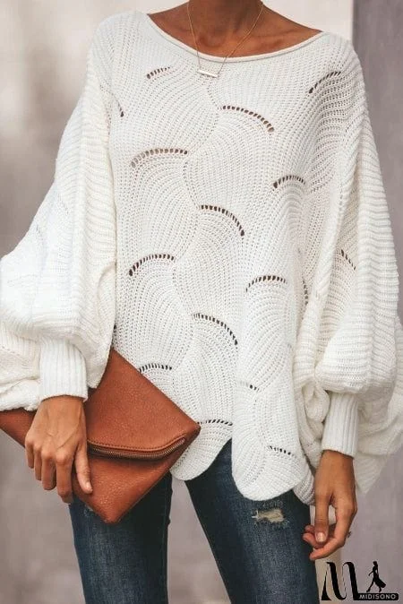 MidiSono - White Wave Hem Long Batwing Sleeve Hollow Out Elegant Sweater