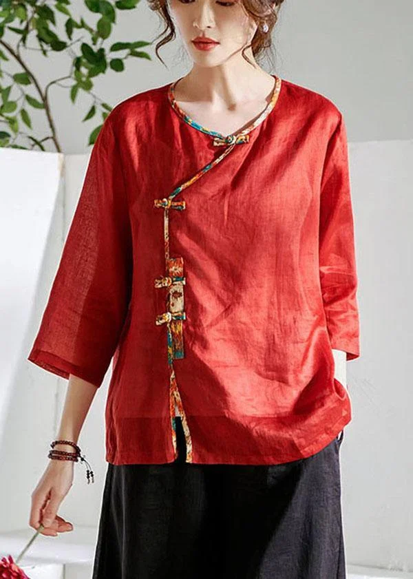 Red Oriental O-Neck Summer Ramie Shirts