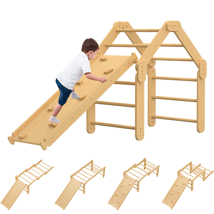 2 in 1 Pikler Triangle Climber with Ramp Wood Foldable Indoor Montessori Climbing Toys for Toddlers