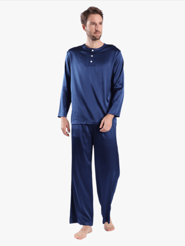 22MOMME Pyjama en soie col rond manches longues bleu marine homme-Soie Plus