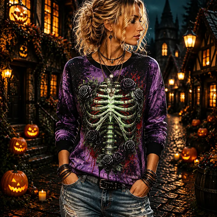 Women's Gothic Skeleton Ribcage Graphic Crewneck Sweatshirt - Dark Floral And Spooky Bones Print Pullover