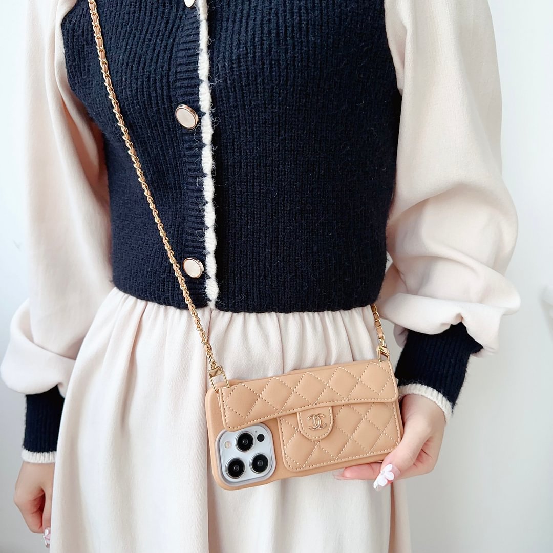 Chanel Official Hand Chain Cardholder Leather iPhone Case Crossbody Cord