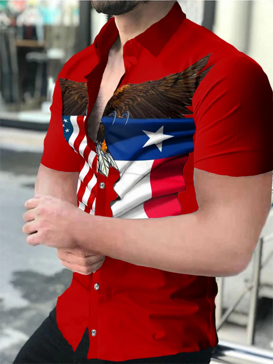 Men's with National Flag Eagle Printed Short Sleeve Shirt