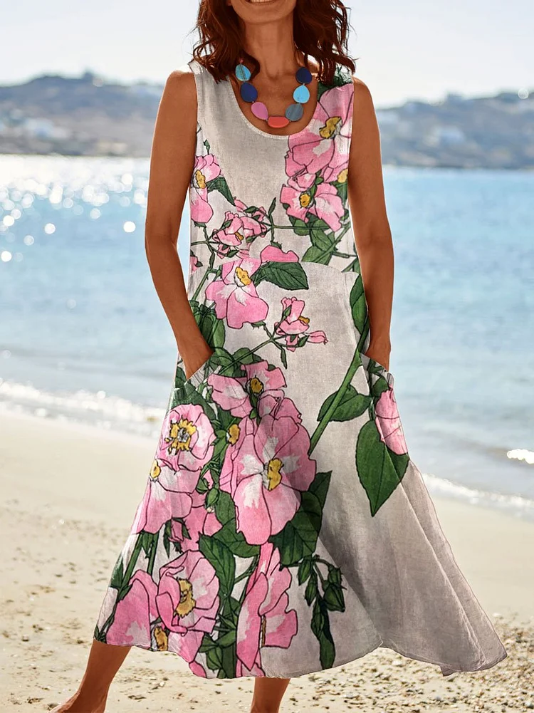 Womens Vintage Prairie Rose Flower Wall Art Print Pocket Pinafore Linen Dress