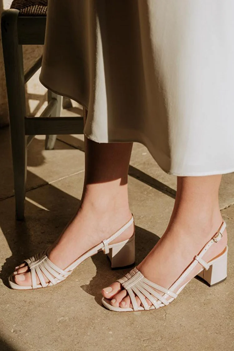 Square Toe Hollow Out Slingback Beige Chunky Heels [Pre Order]