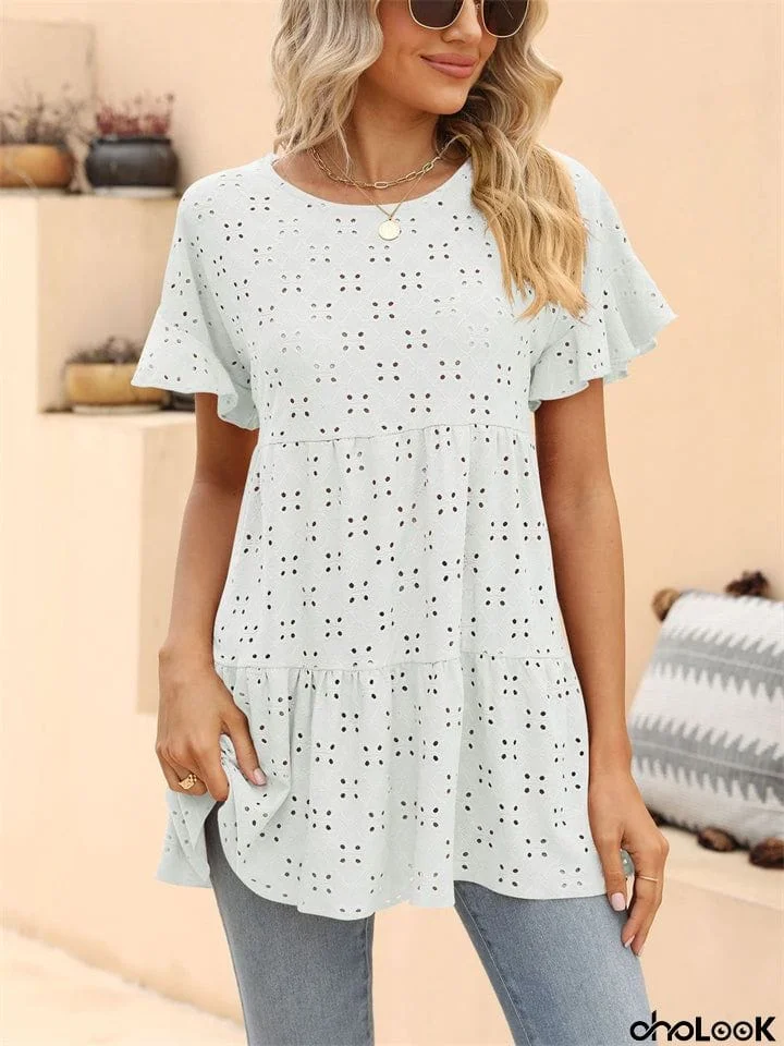 Ladies Summer Sweet Crew Neck Hollowed Out Shirt