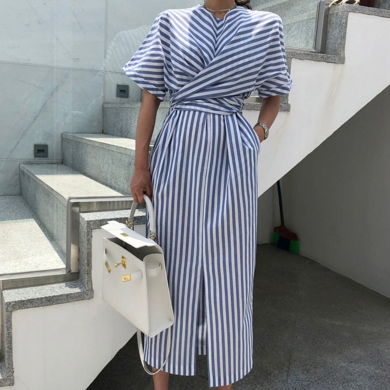 Sprig and Summer New Fashion Striped Cross Bandage Dress Cotton Blue Split Bodycon Plus Size New Robe Vestidos Femme Dress LANFUBEISI