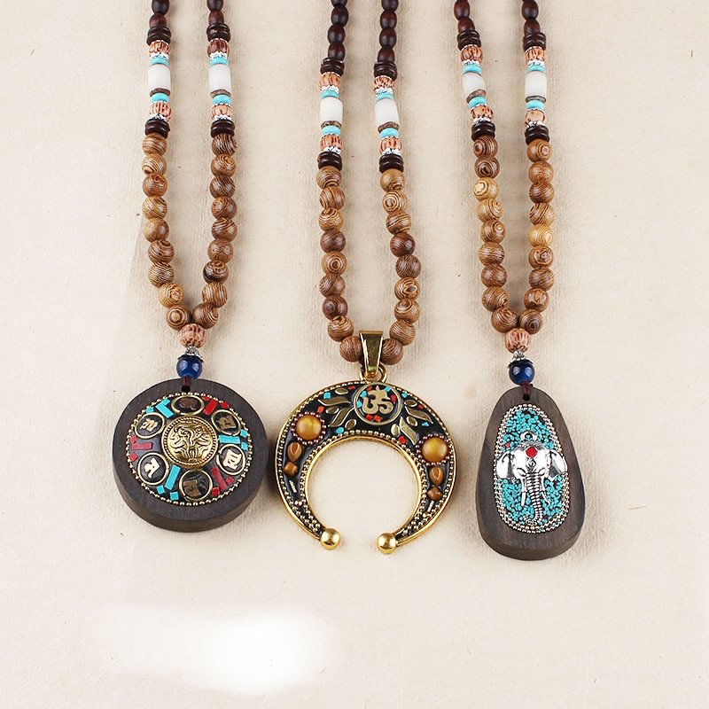 Ethnic style retro wooden bead necklace