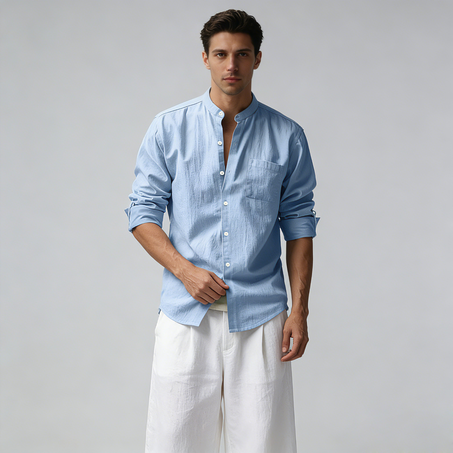Linen Shirt Men Linen Mandarin Collar Pocket Shirt REAL SILK LIFE