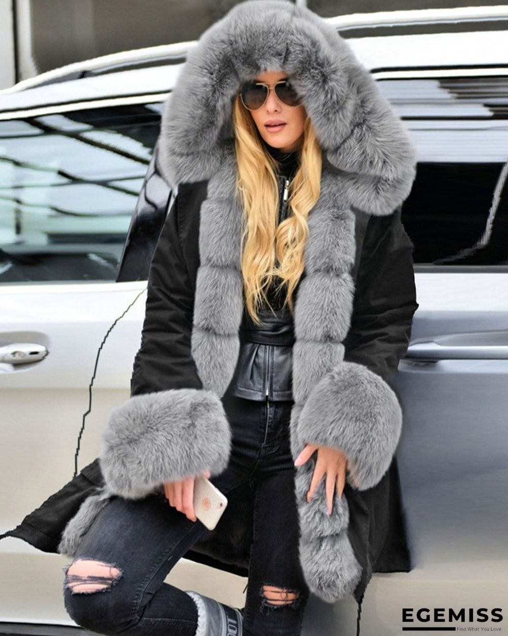 Faux Fur Patch Camouflage / Plain Hooded Parka Coat | EGEMISS