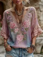 Women's Retro Floral Embroidered Gradient V-neck Linen Blend T-shirt