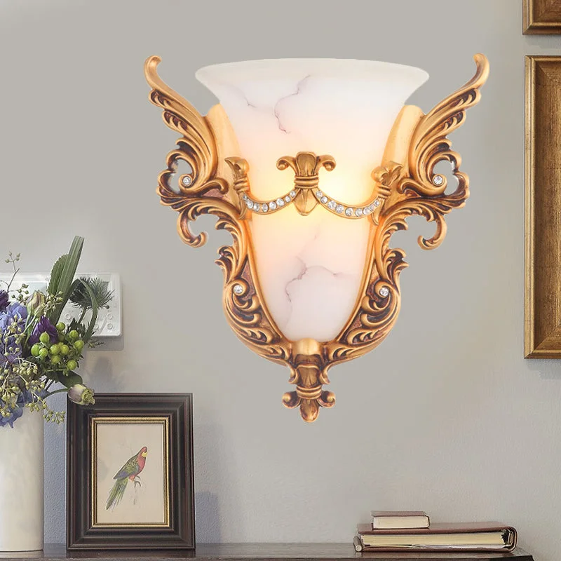 Bell Frosted Glass Wall Sconce Colonial 1 Bulb Living Room Flush Mount Wall Light in White/Gold/White and Gold